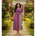 Women's multicolour striped wrap midi dress – Nigerian female model front view