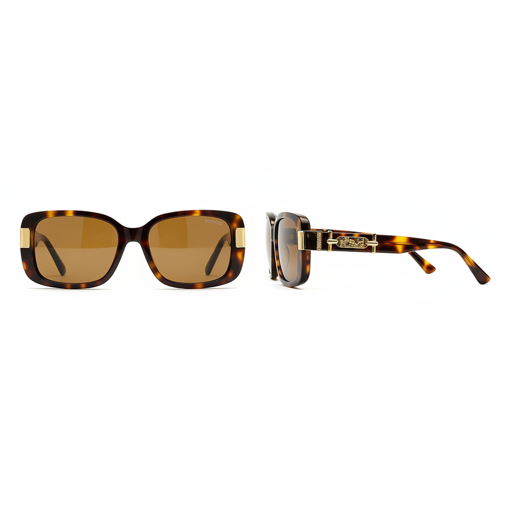 Unisex oversized square sunglasses tortoiseshell acetate frame amber brown lens gold H-shape temple hardware – front and side view