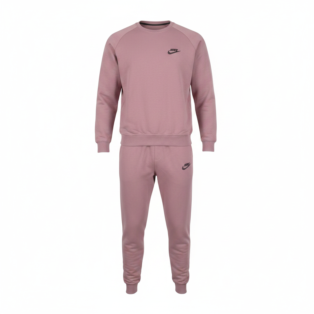Mauve pink crewneck sweatshirt and jogger tracksuit set ghost mannequin front view