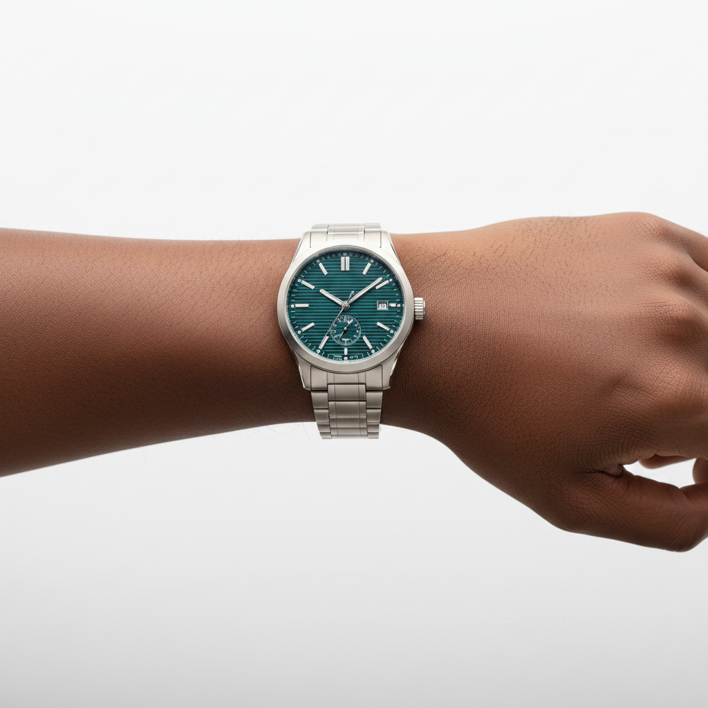 Nigerian male model wrist shot side-facing wearing teal green dial automatic titanium watch