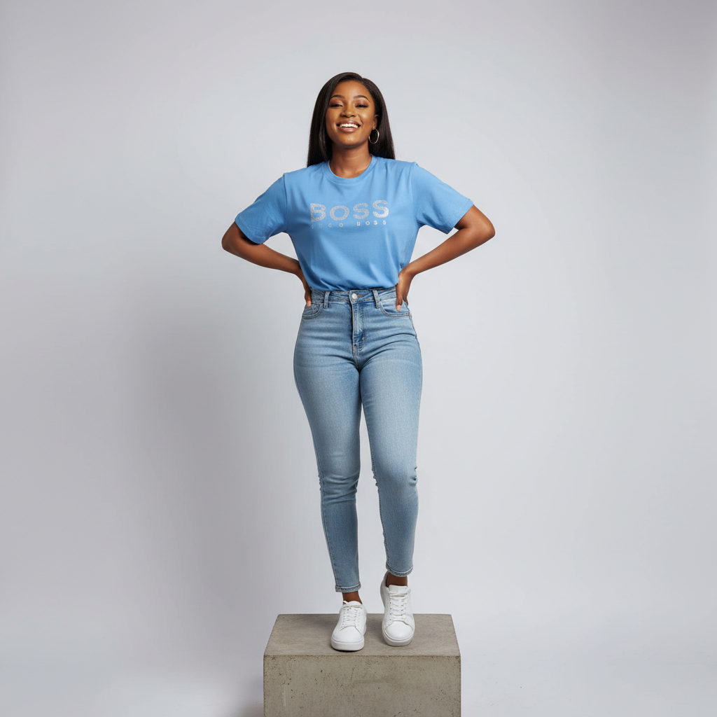 Nigerian female model front view wearing sky blue rhinestone text T-shirt