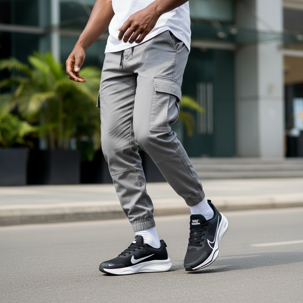 Nigerian male model wearing Nike ZoomX black running sneakers, leg focus lifestyle shot