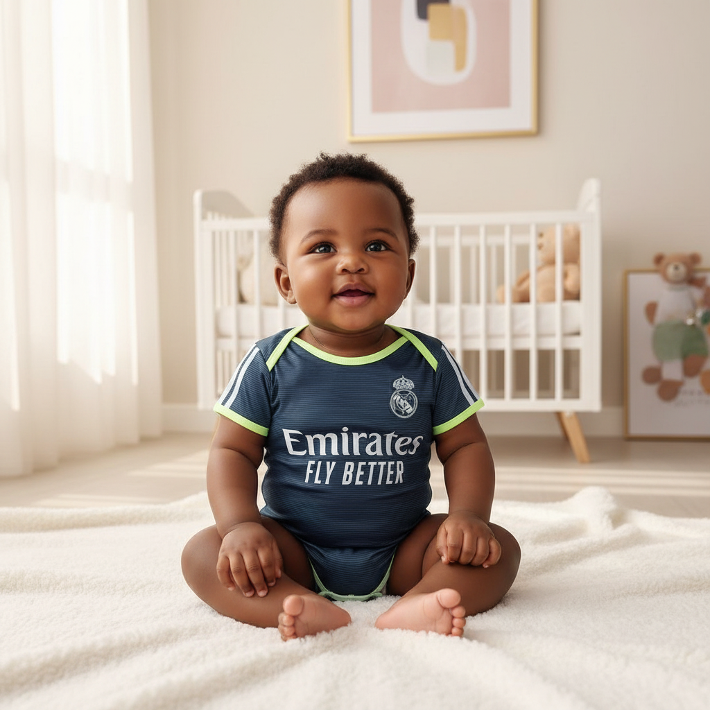 Nigerian baby wearing navy & neon green football romper bodysuit lifestyle shot