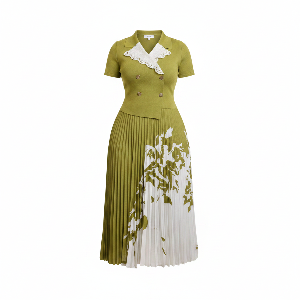 Women's olive green botanical print lace collar pleated midi gown – ghost mannequin front view