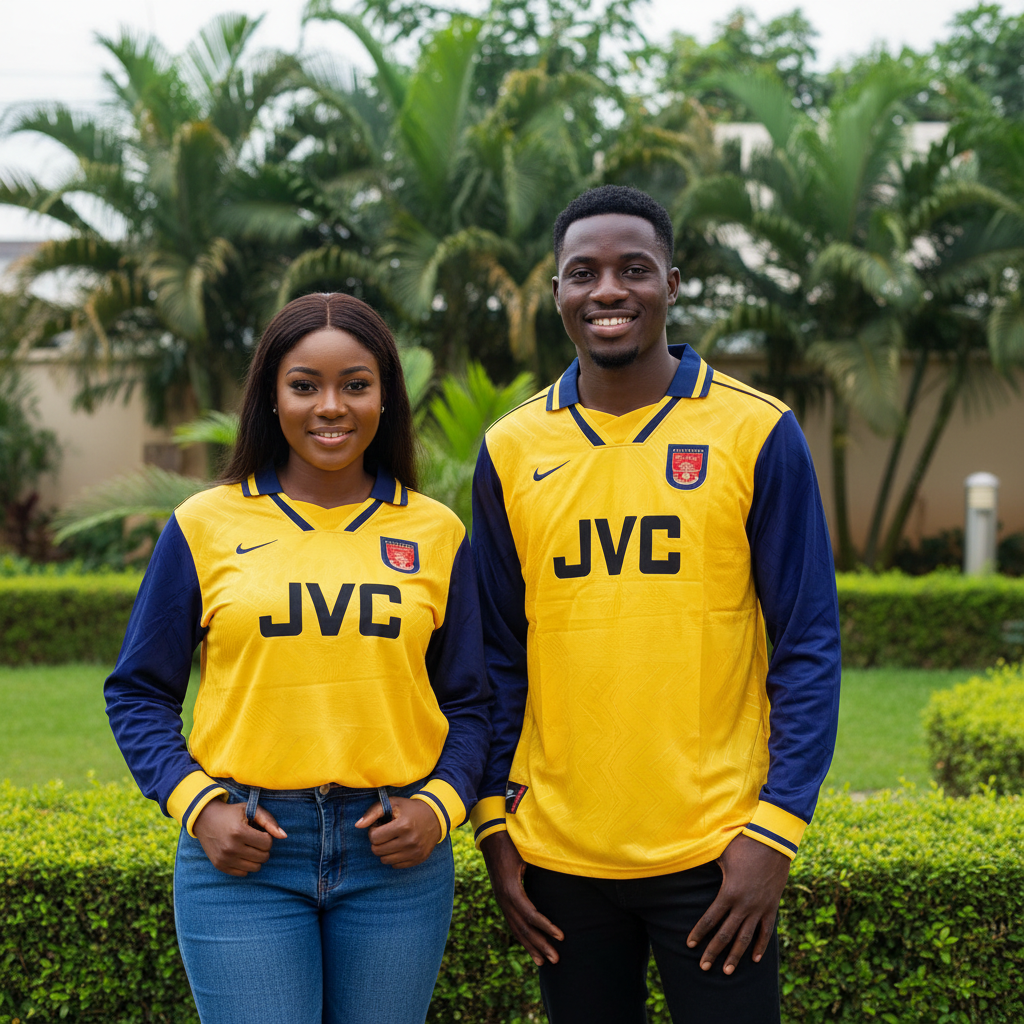 Nigerian female and male models wearing the yellow and navy long-sleeve retro football jersey