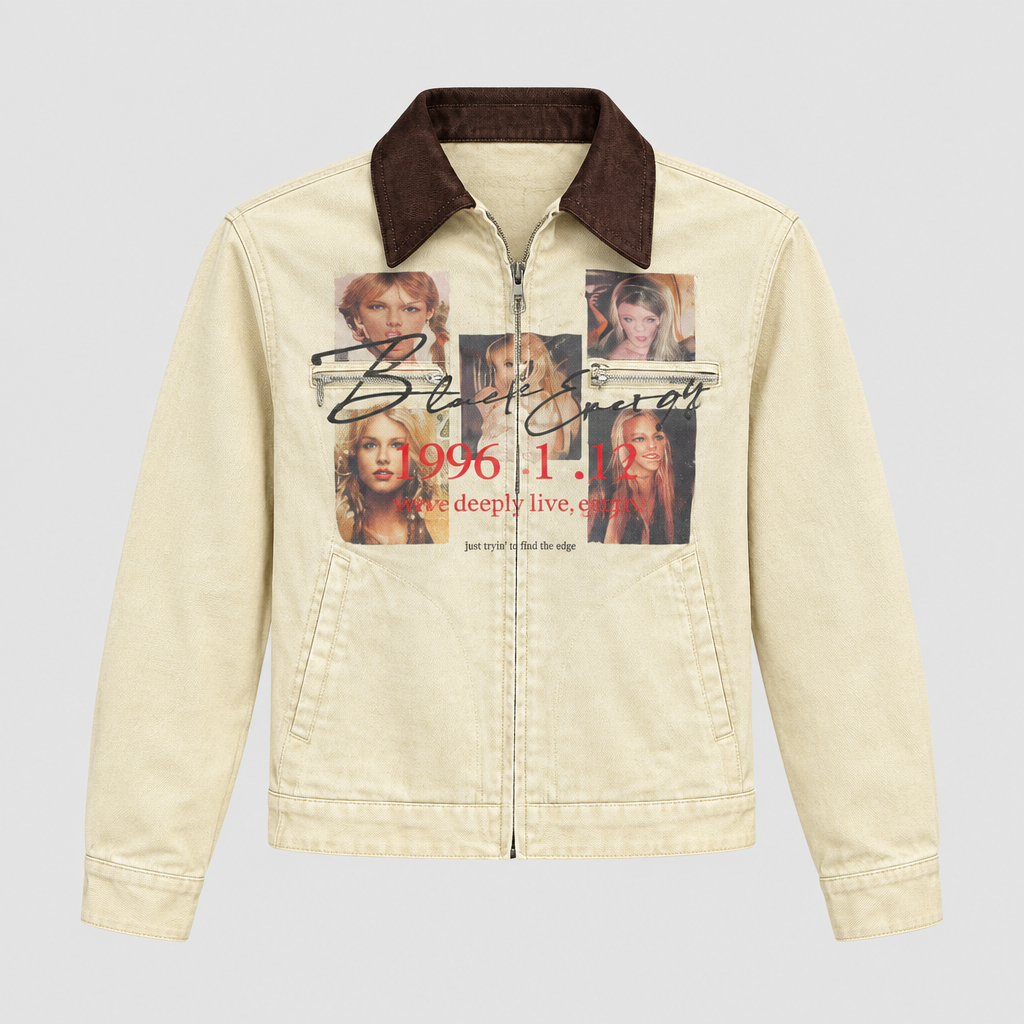 Ghost mannequin view of a cream graphic denim jacket