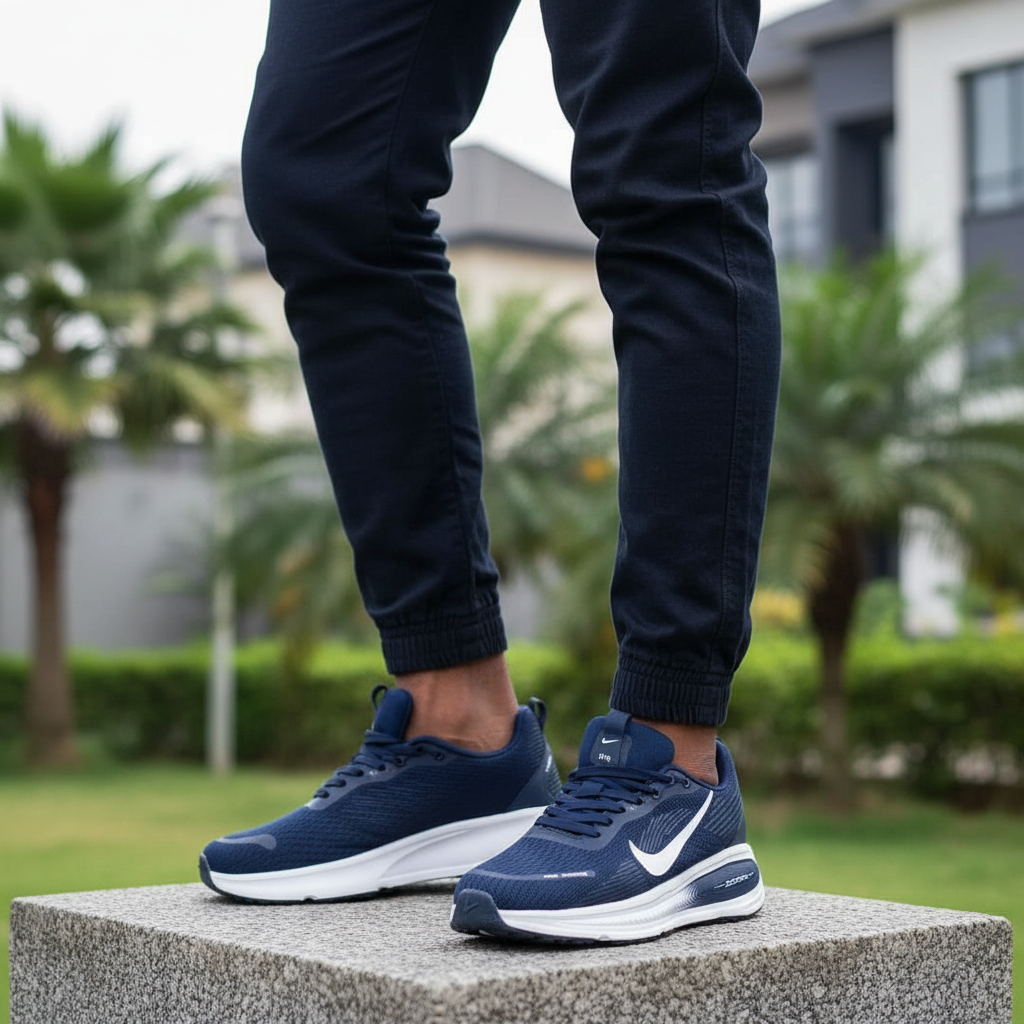 Men's navy blue running sneakers leg-focus lifestyle shot on Nigerian male model