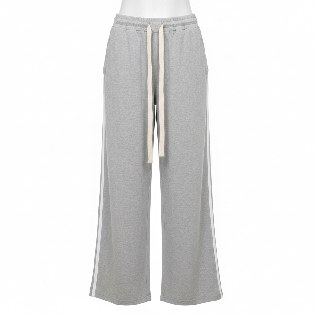 Women's light grey wide-leg drawstring side stripe trousers - ghost mannequin front view