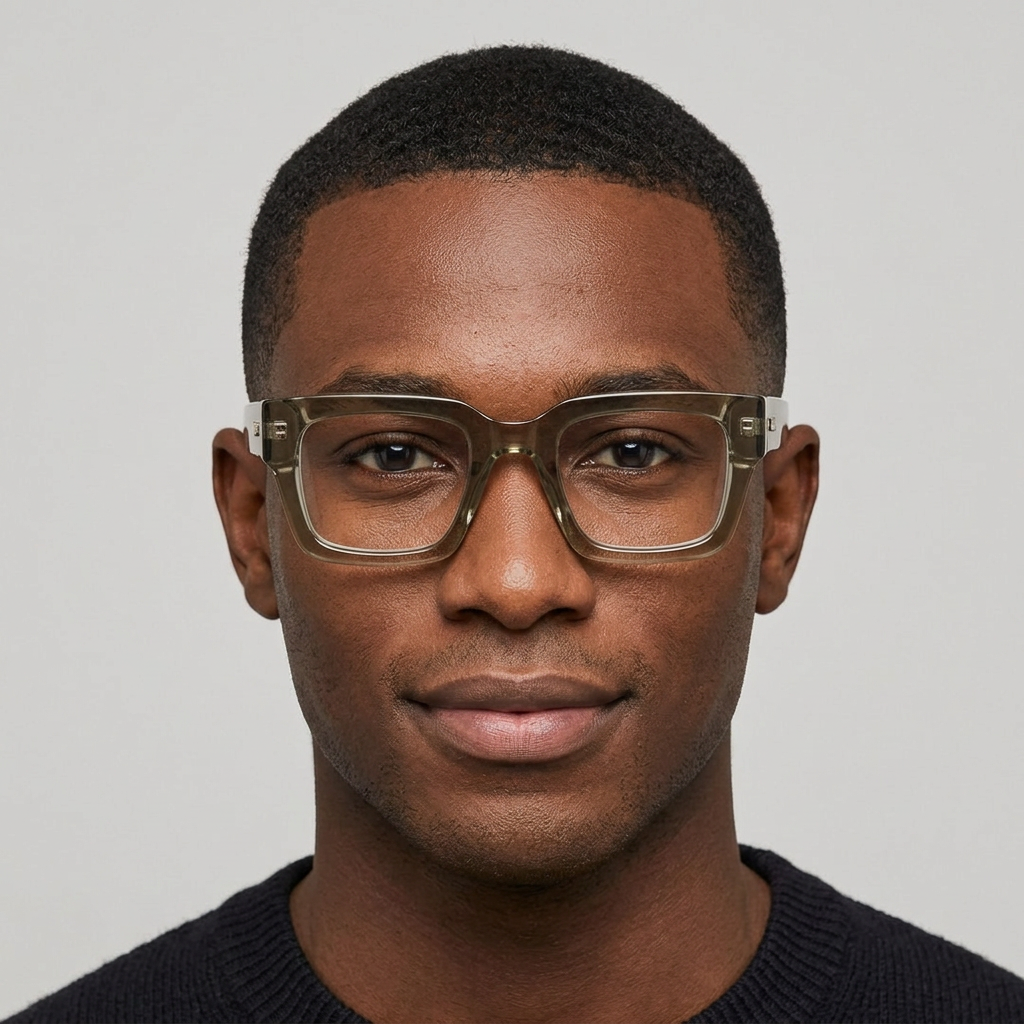 Nigerian male model wearing smoky grey rectangular clear-lens eyeglasses