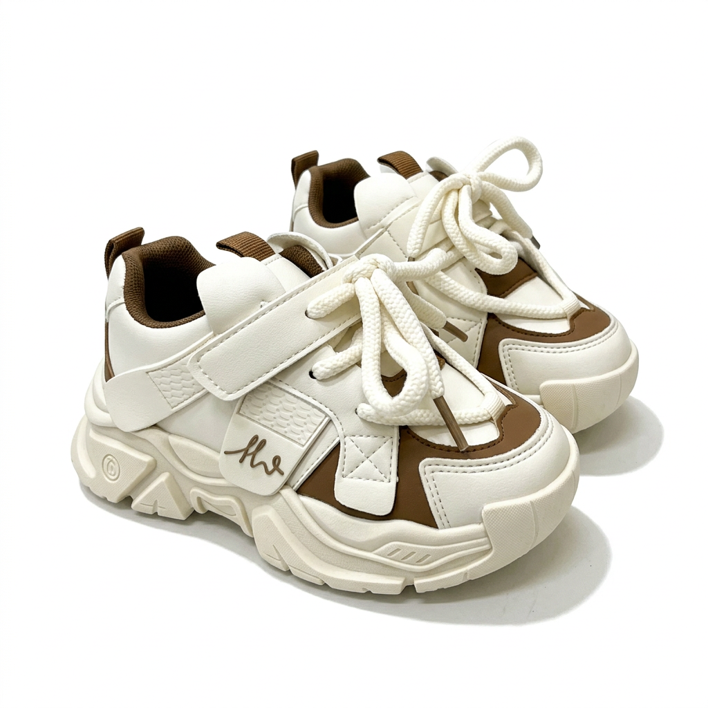 Matching cream and brown chunky lace-up trainers