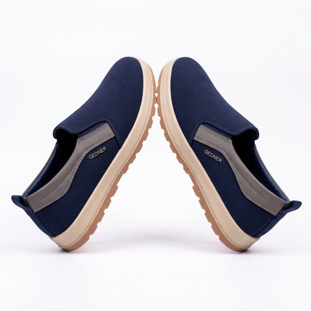Navy slip-on shoe pair with grey trim on white