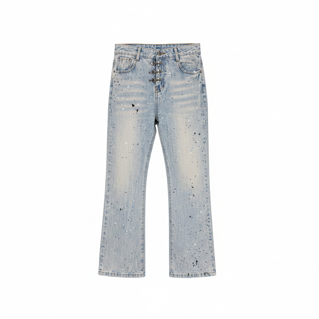 Men's ice blue washed slim-flare denim jeans with all-over paint splatter and rhinestone fleck detailing, ghost mannequin front view