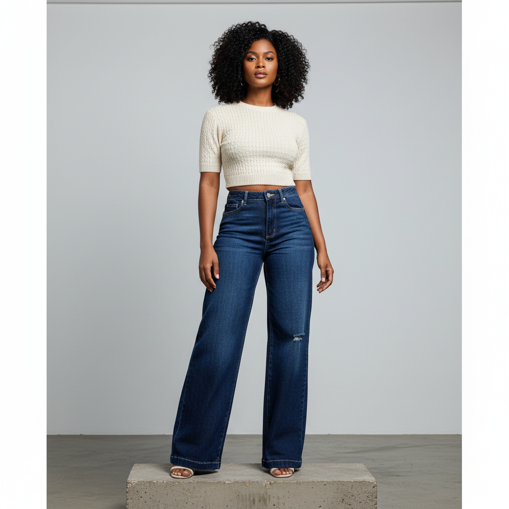 Dark Navy Blue Distressed Wide-Leg Jeans - Model Front
