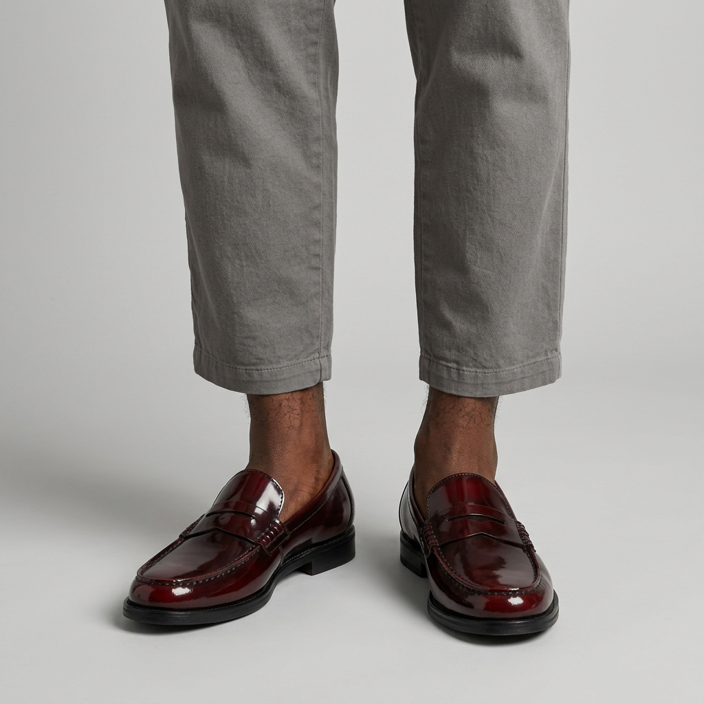 Men's burgundy patent leather penny loafers worn with relaxed-fit trousers, plain studio background
