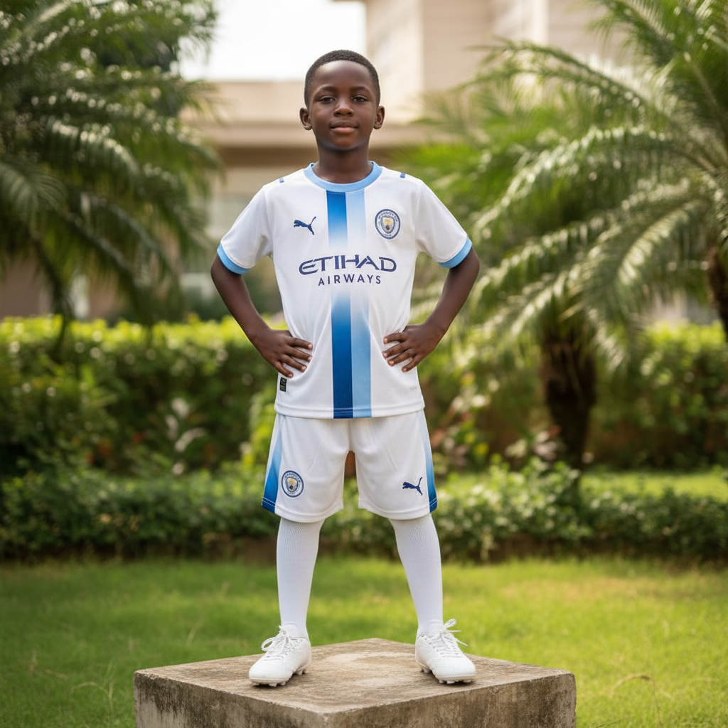 Nigerian child model wearing white & sky blue stripe football jersey set with white football boots