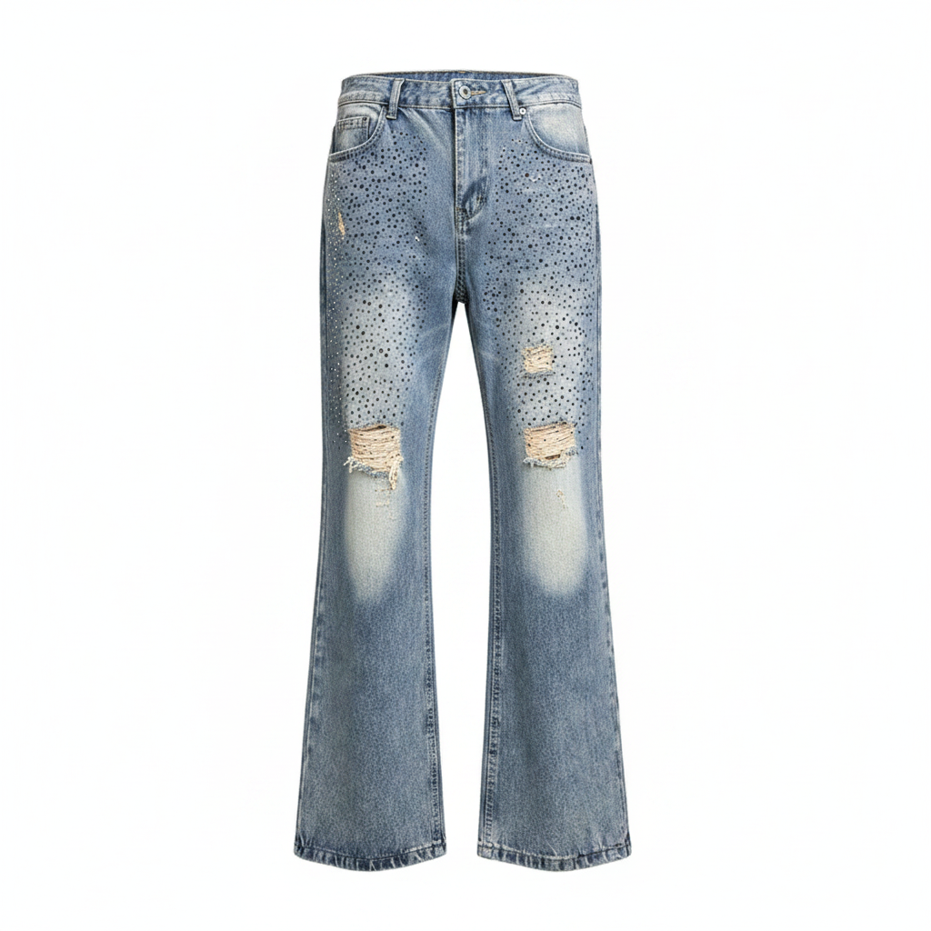 Men's light blue rhinestone embellished flared distressed denim jeans ghost mannequin front view
