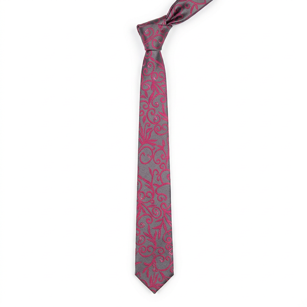 Slim grey and fuchsia scroll-pattern tie on white