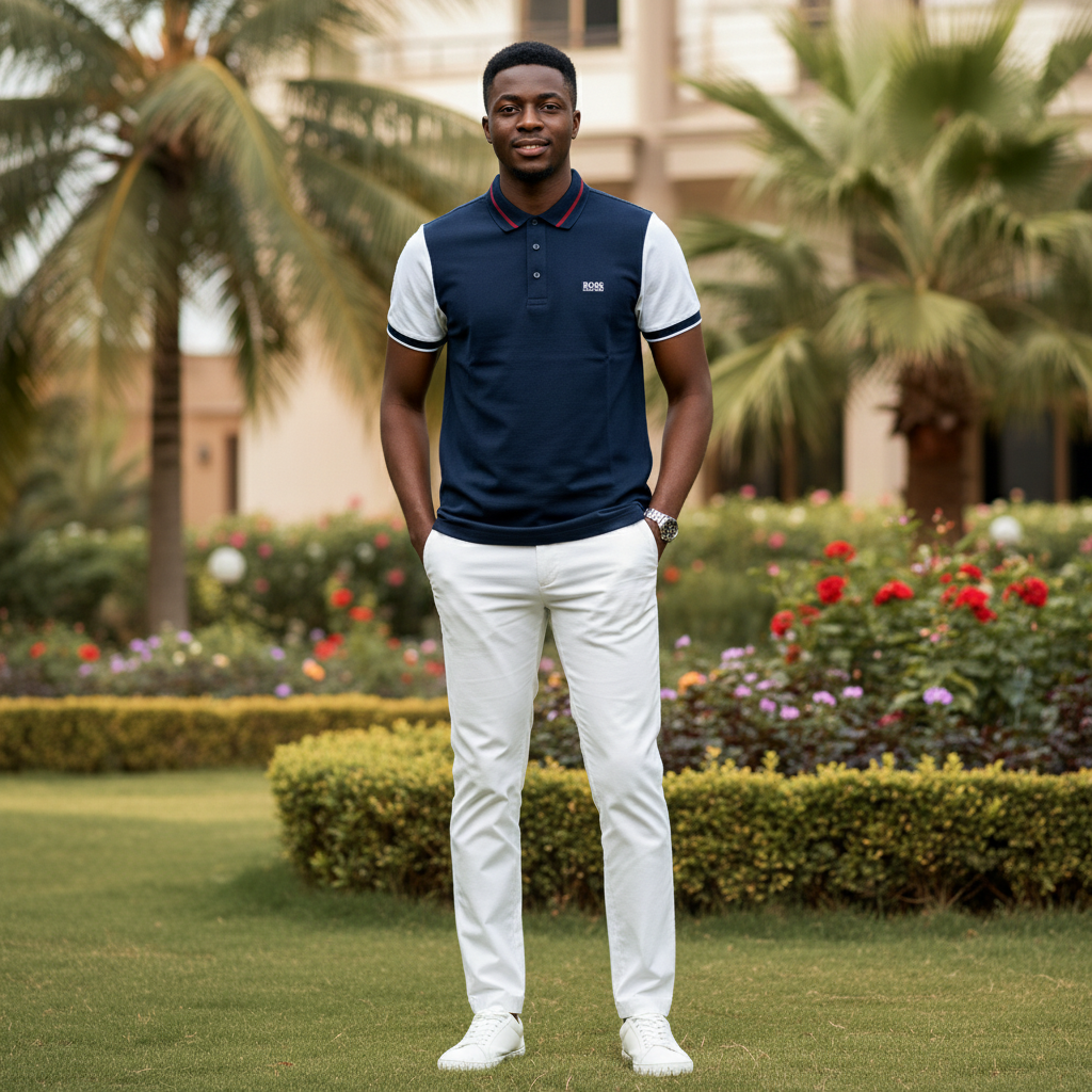 Men's navy blue white colourblock short-sleeve polo shirt - model shot