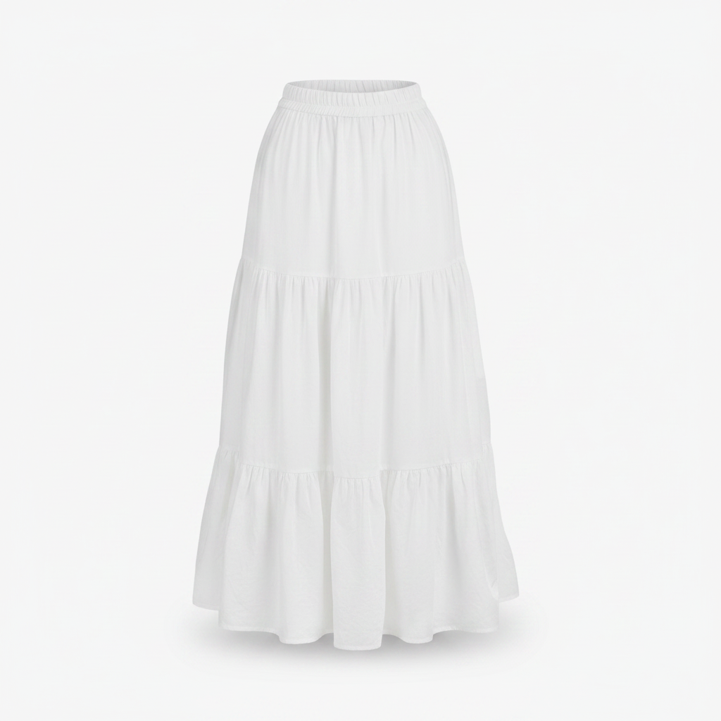 Ghost mannequin view of white tiered A-line maxi skirt