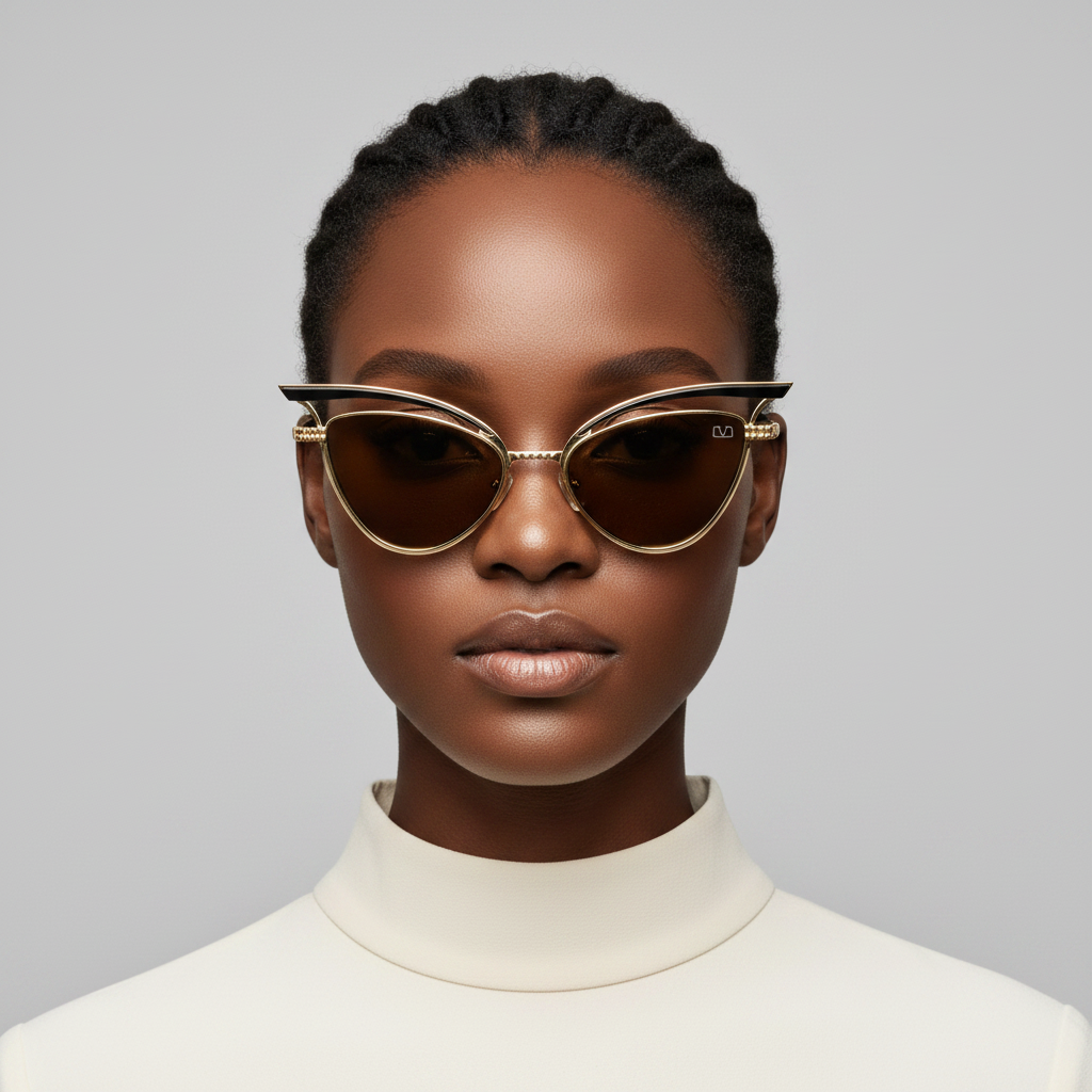 Nigerian female model wearing cat-eye black gold sunglasses – editorial medium shot professional grey background