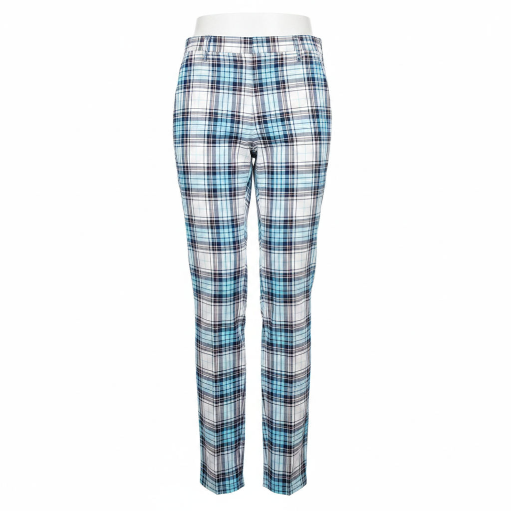 White Aqua Blue Tartan Trousers – Front Ghost Mannequin