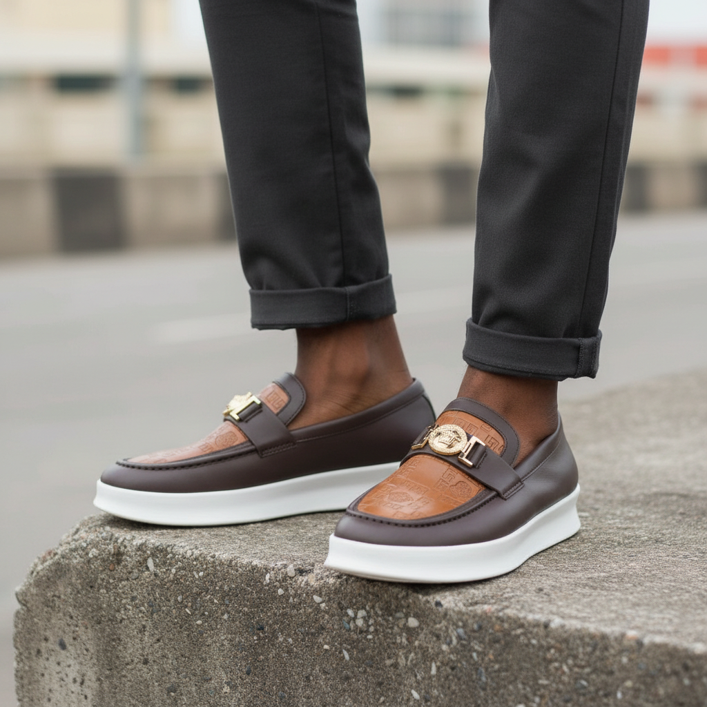 Men's Two-Tone Brown Embossed Platform Slip-On Loafer – Leg Shot