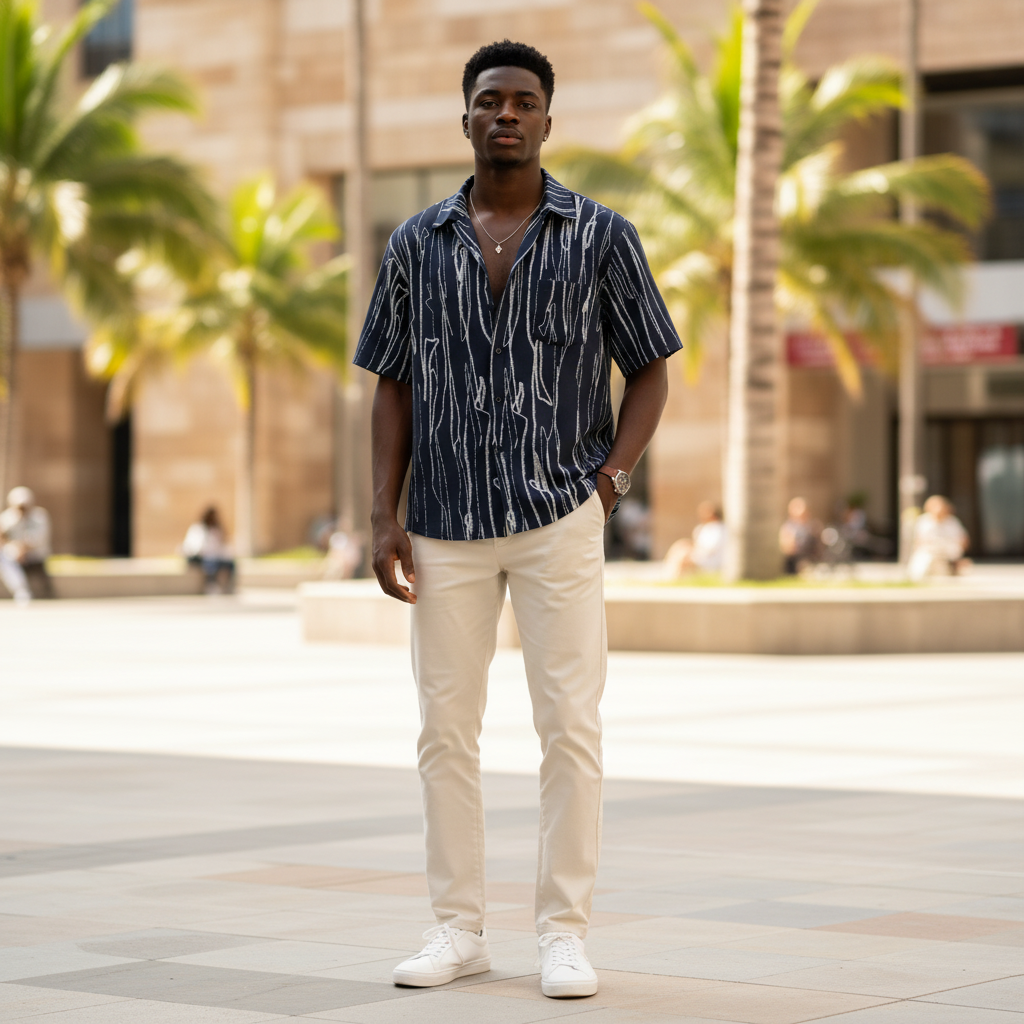 Nigerian male model wearing Navy All-Over White Abstract Brushstroke Scribble Print Short-Sleeve Button-Down Shirt