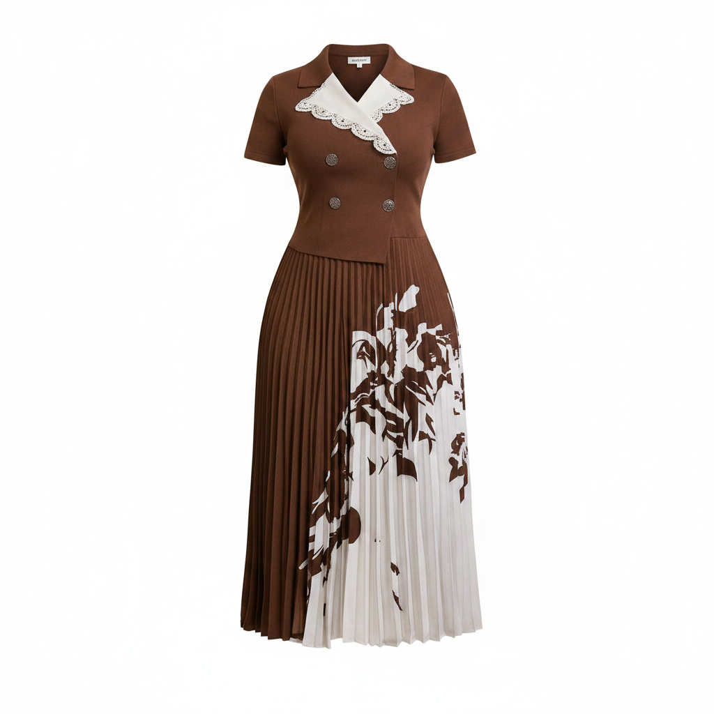 Chocolate brown and white botanical print pleated midi gown with scalloped collar and gold buttons, ghost mannequin view