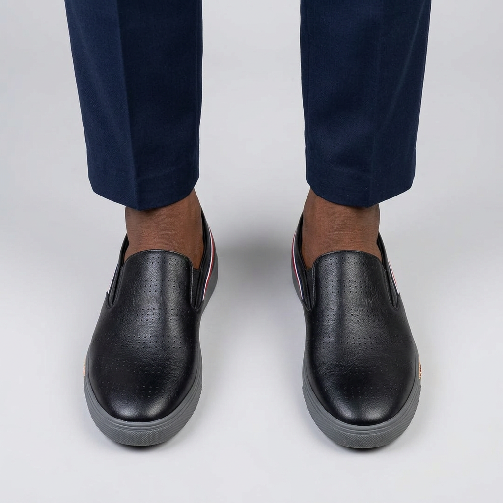 Both feet wearing black perforated slip-ons on plain studio background