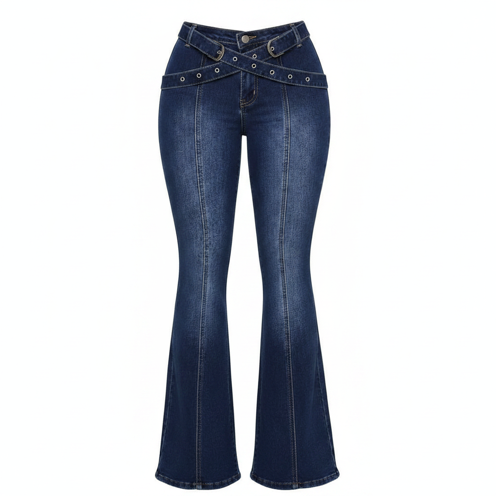 Dark Blue Cross-Waistband Flare Jeans – Front Ghost Mannequin