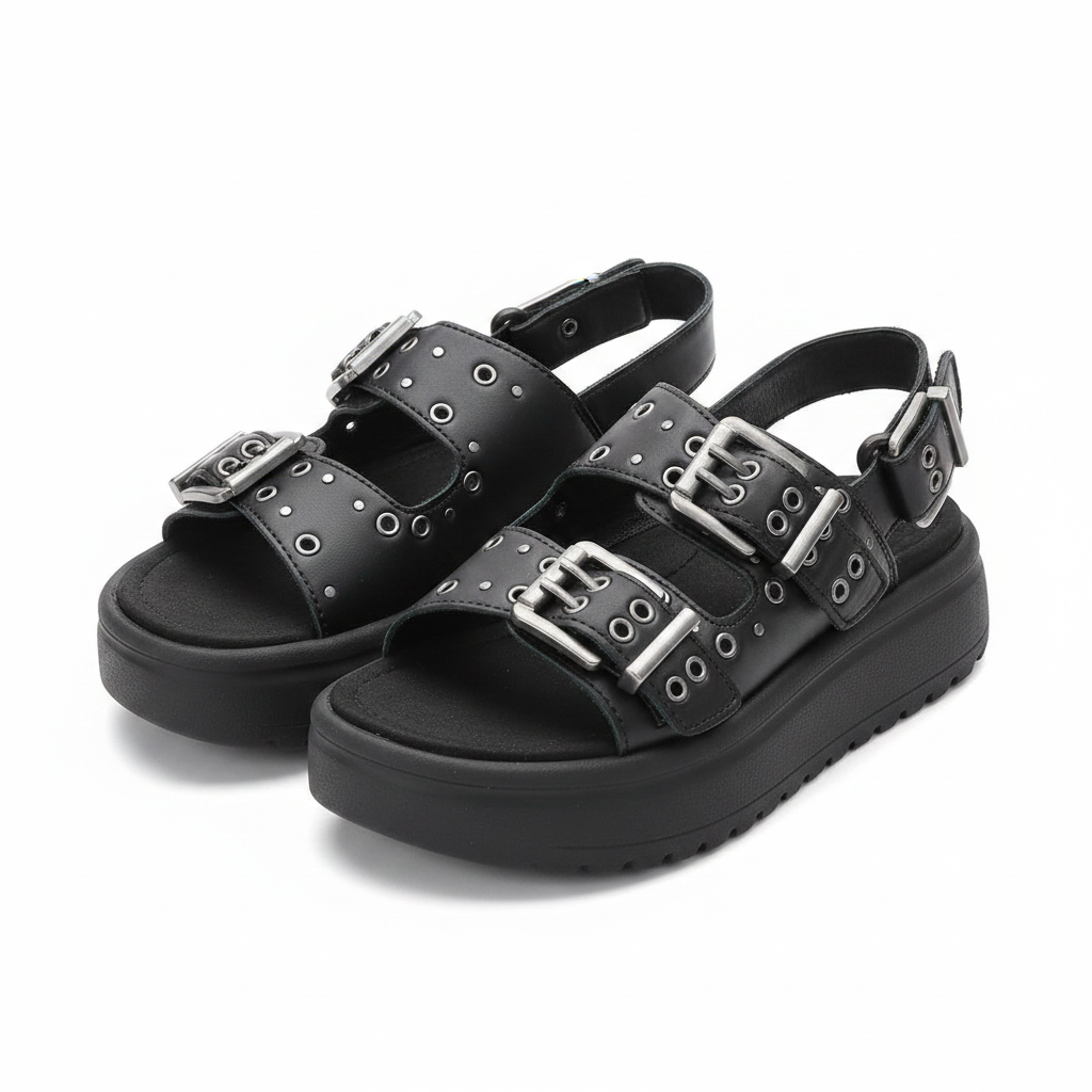 Women's black double buckle studded platform sandal ghost mannequin pair view
