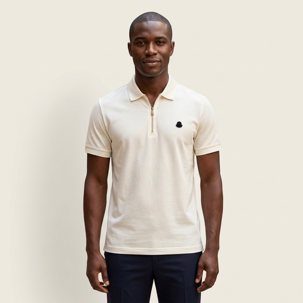 Male model wearing an ivory zip-neck polo with black chest detail against a plain off-white background