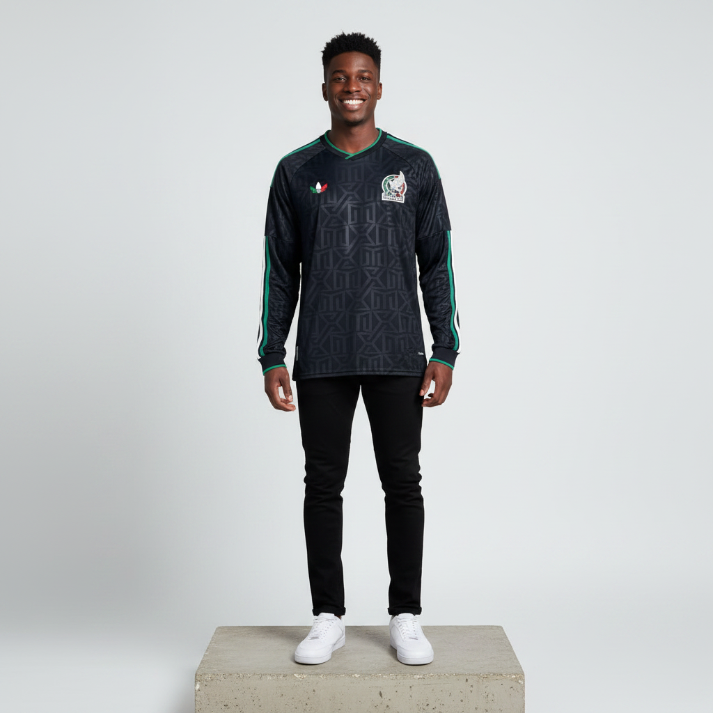 Nigerian male model wearing black graffiti graphic long sleeve football jersey on concrete plinth