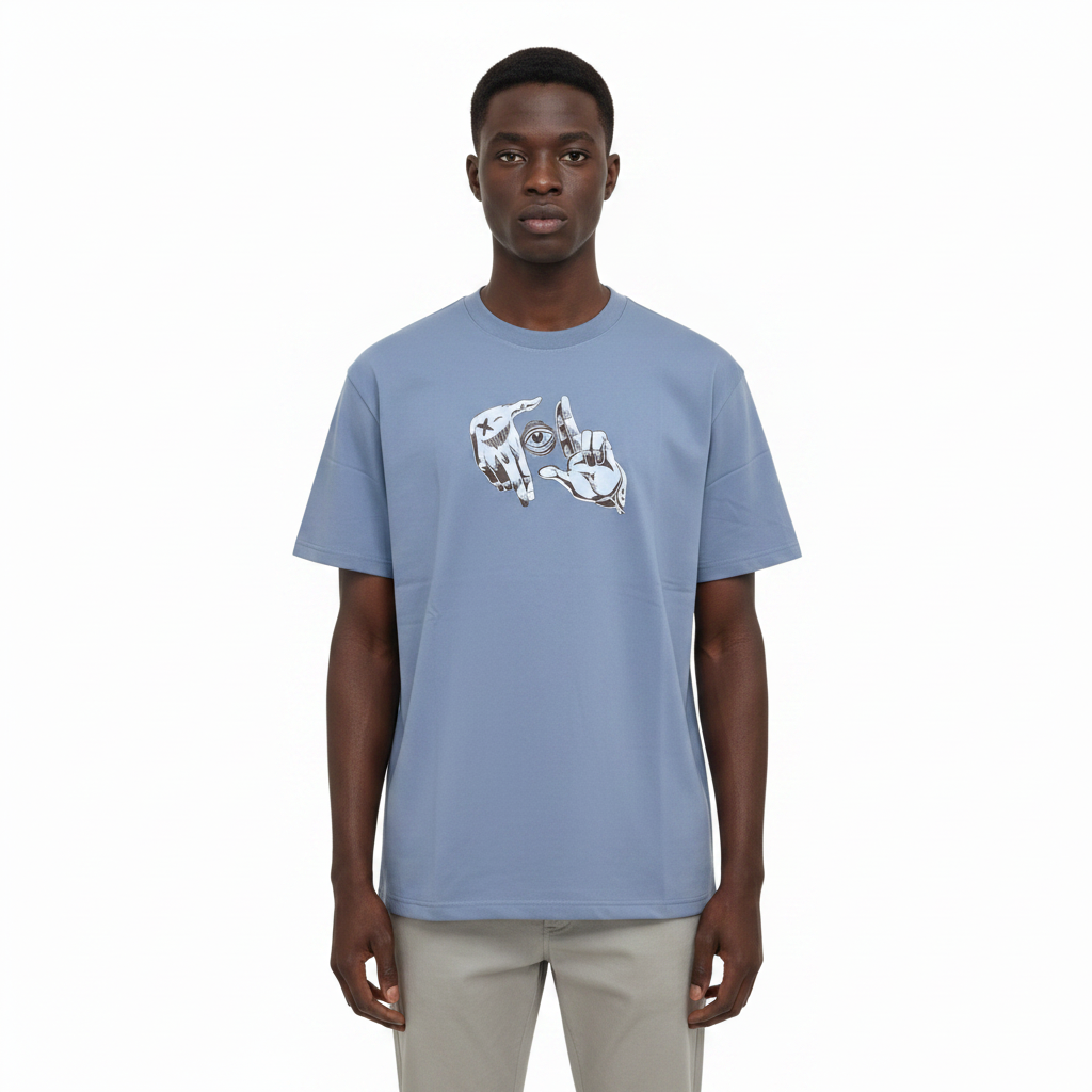 Model wearing the slate blue hands and eye t-shirt