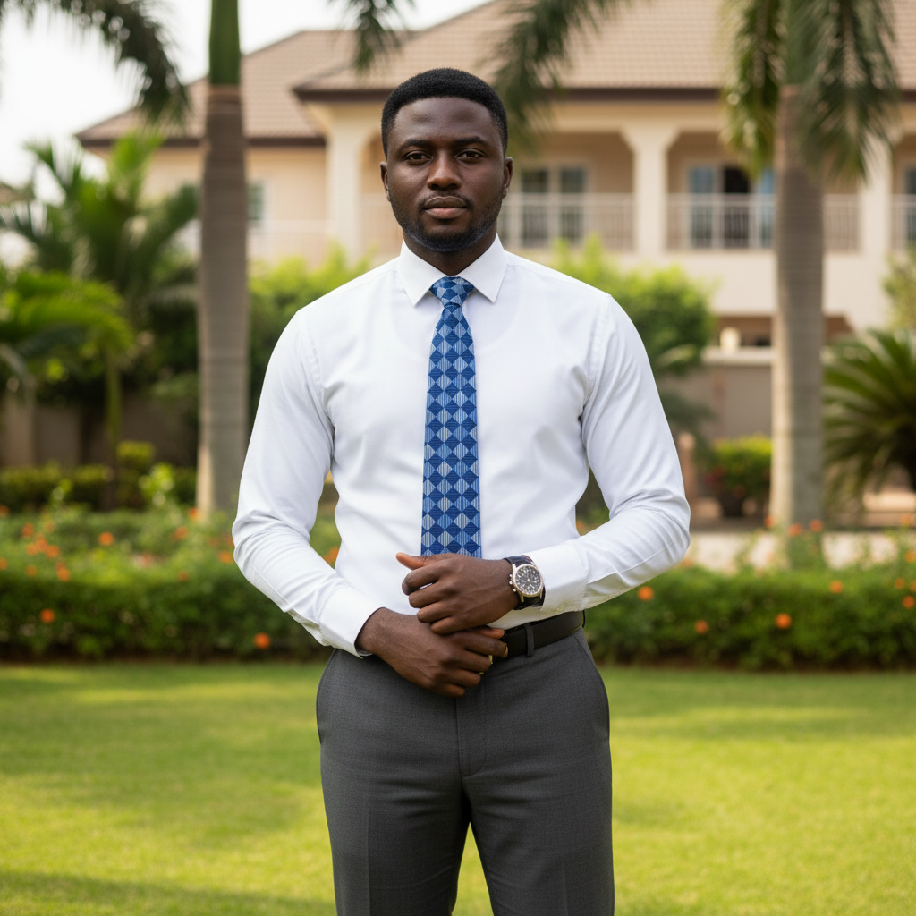 Nigerian male model wearing royal blue diamond geometric necktie with white shirt and dark suit