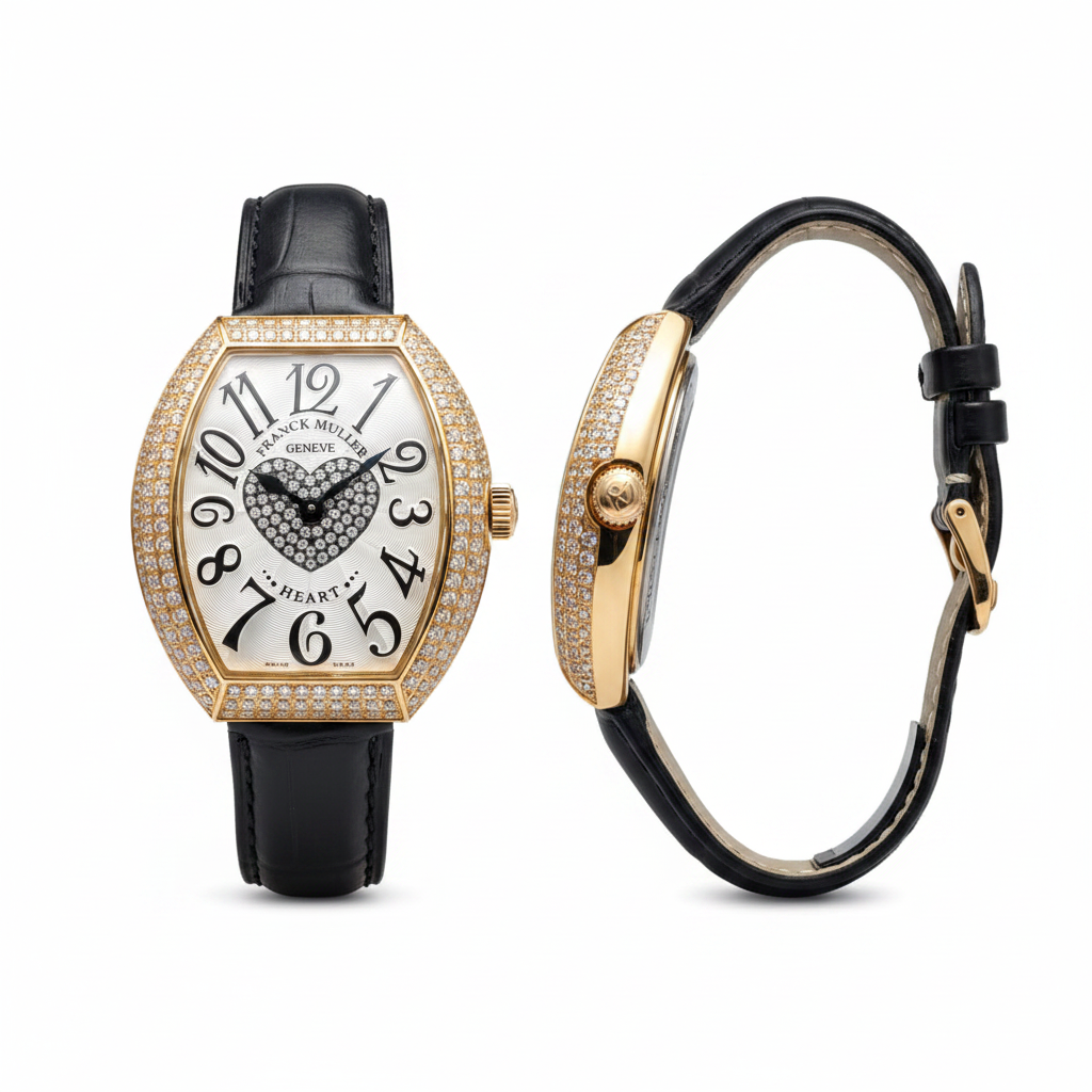 Women's gold diamond bezel crystal heart dial tonneau watch — ghost mannequin front and side view, black leather strap