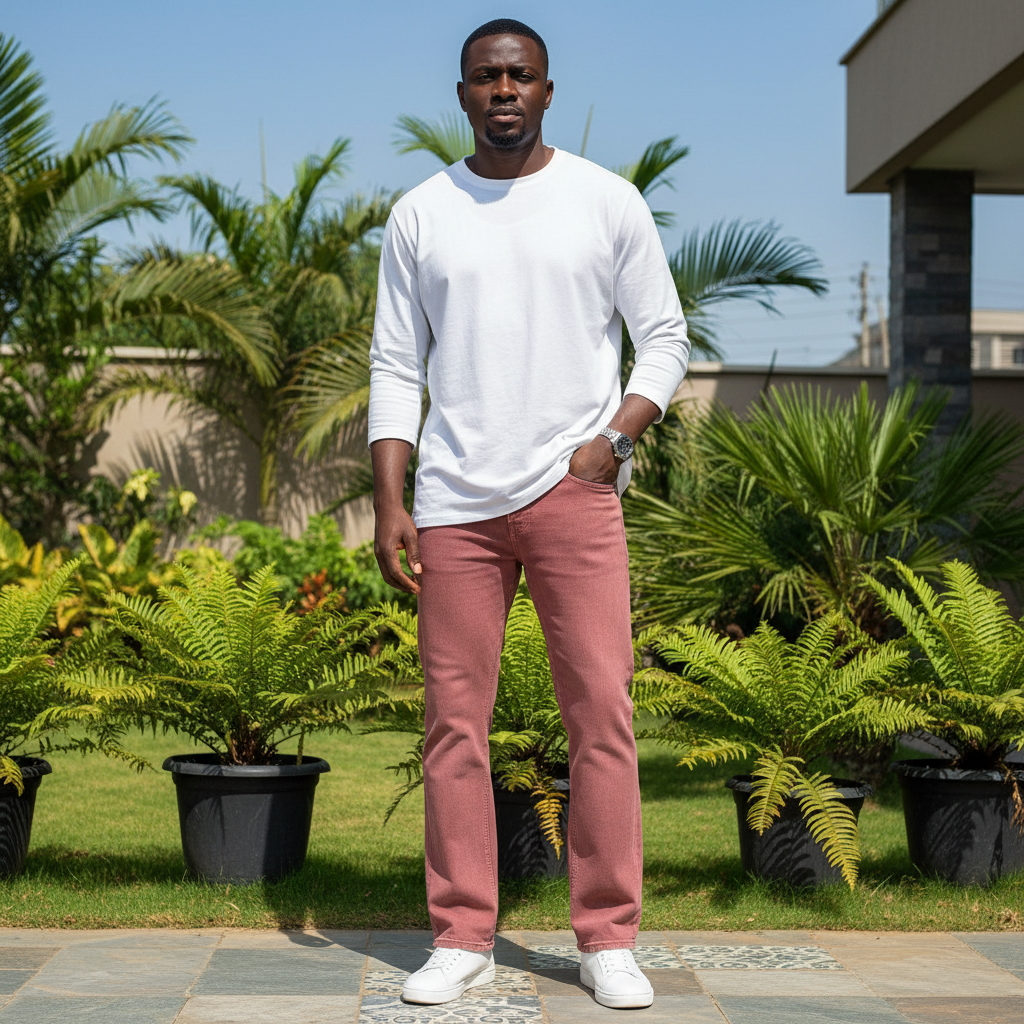 Nigerian male model wearing brick red denim jeans in outdoor setting