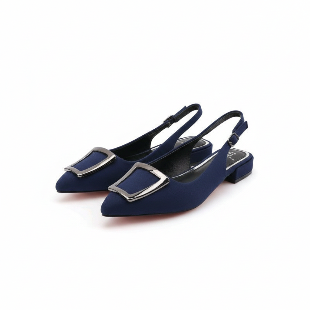 Women's navy blue suede pointed-toe slingback flat with silver buckle - ghost mannequin
