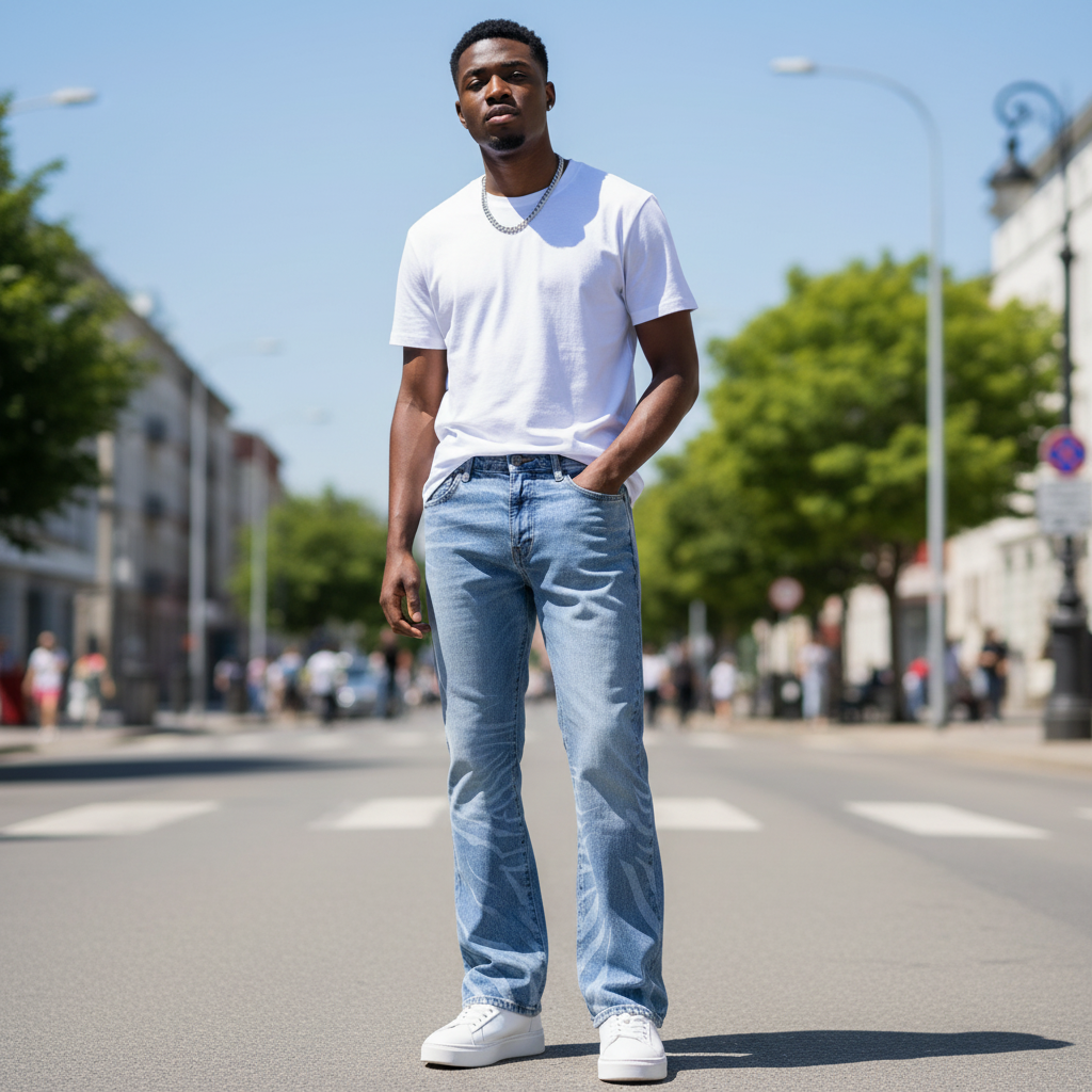 Nigerian model wearing Light Blue Washed Flare-Leg Zebra Flame Print Jeans