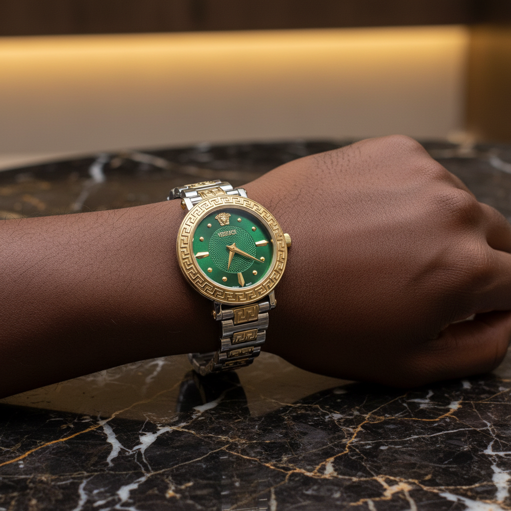 Nigerian man wearing two-tone emerald dial Greek key bracelet watch, wrist close-up