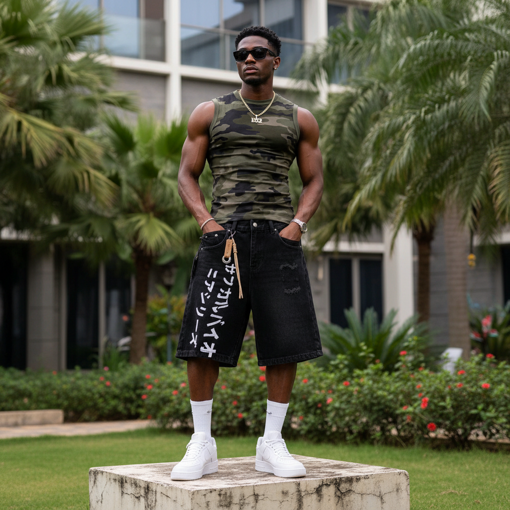 Nigerian male model wearing men's black graffiti script print rhinestone star denim shorts streetwear style