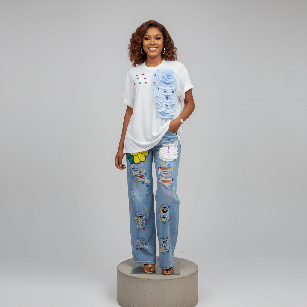 White Embellished Top & Ripped Jeans Set - Model Front View