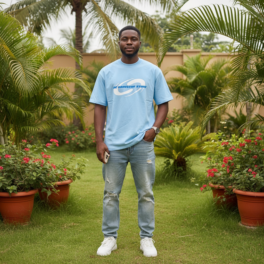 Nigerian male model wearing sky blue orbit swirl graphic tee – front view