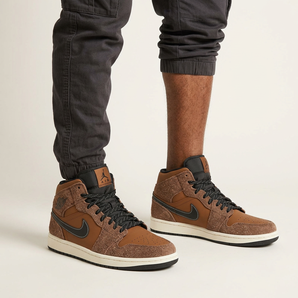 Textured brown mid-top sneakers worn by a Black male model with both lower legs and feet visible