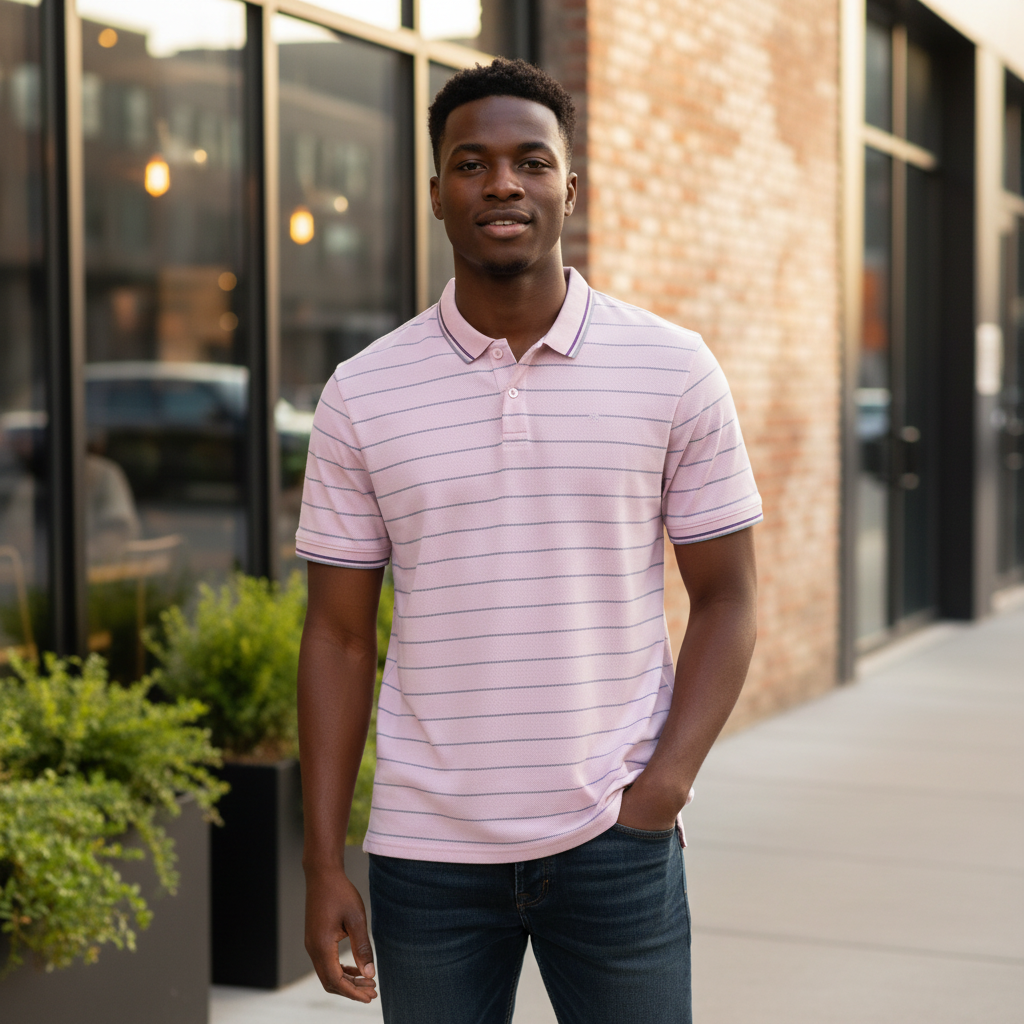 Pink Pinstripe Polo – Model Shot