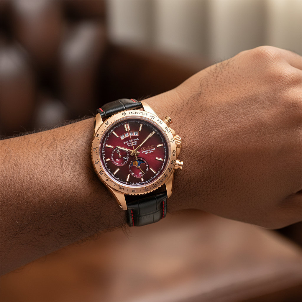 Men's rose gold chronograph crimson red dial moon phase watch worn on Nigerian male model wrist — black red strap lifestyle wrist shot