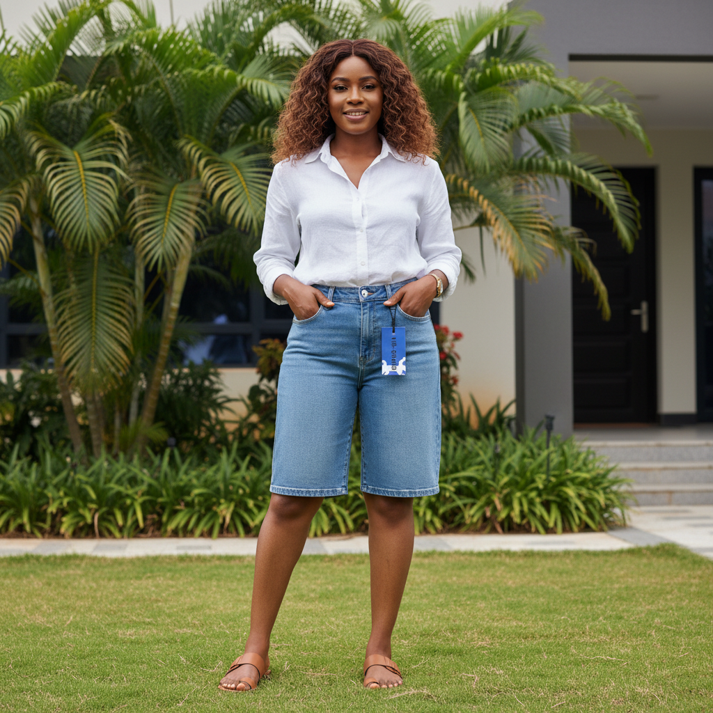 Front view - Light Blue Bermuda Denim Shorts