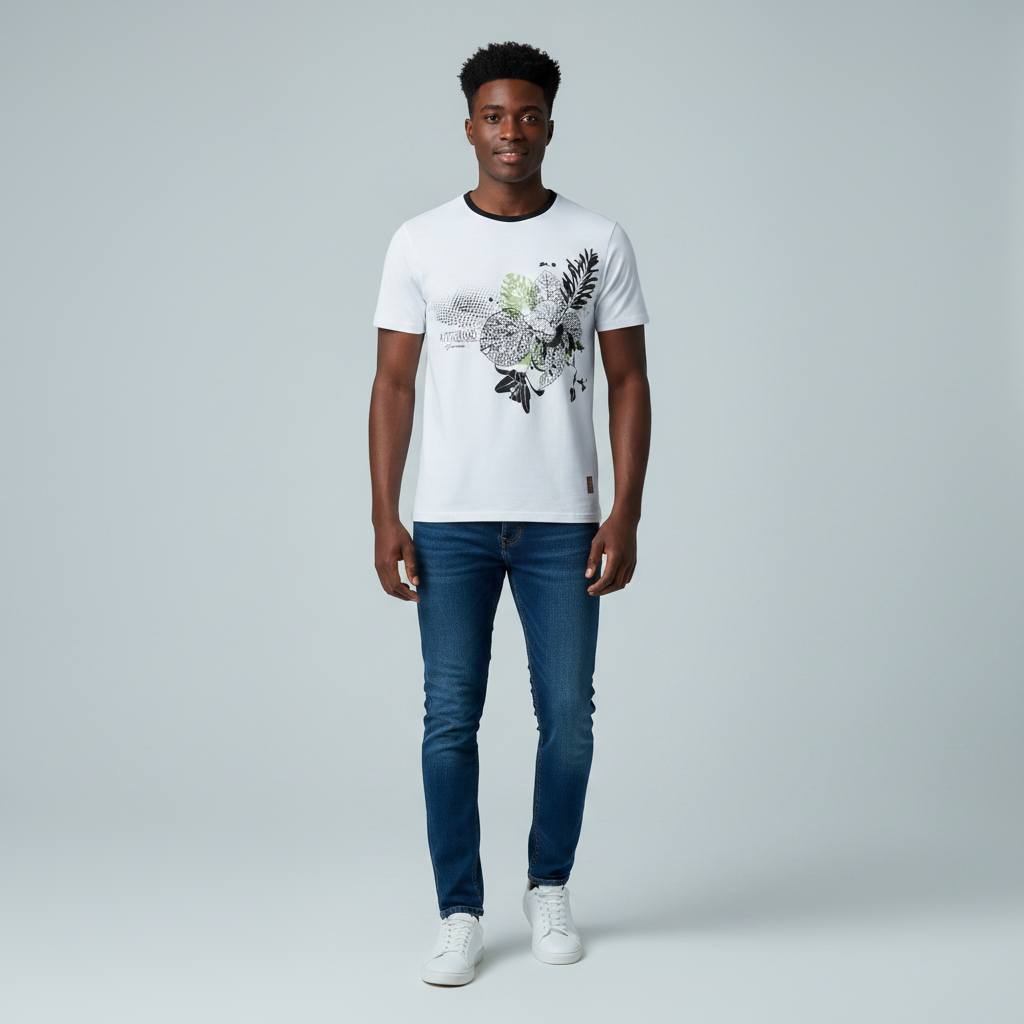 Young Nigerian male wearing white Artizano botanical graphic slim fit tee