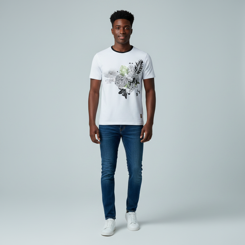 Young Nigerian male wearing white Artizano botanical graphic slim fit tee