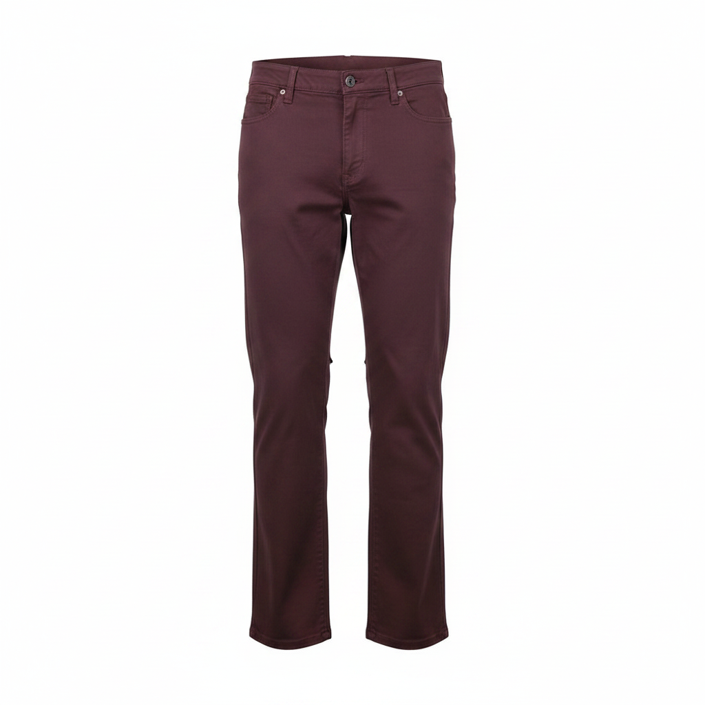 Maroon burgundy trousers on ghost mannequin, white background